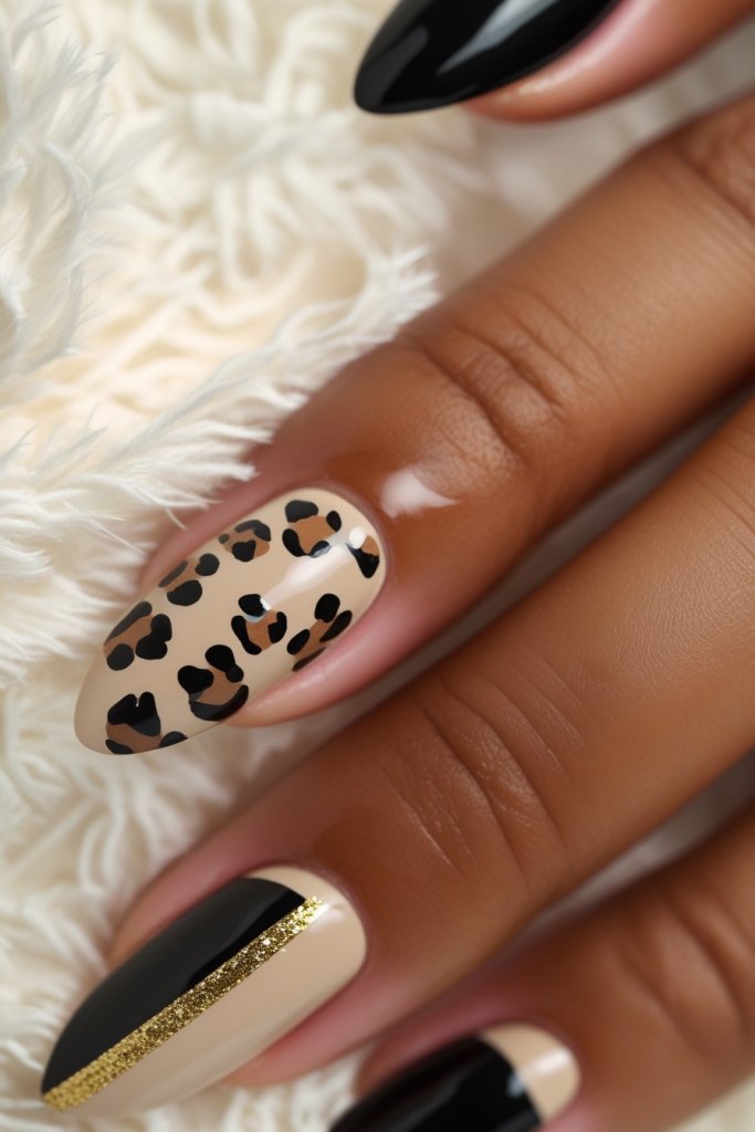 Leopard, Black, and Contrast nail