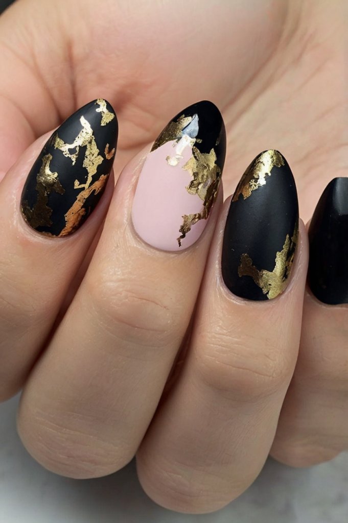 Matte and Gold Flakes nail